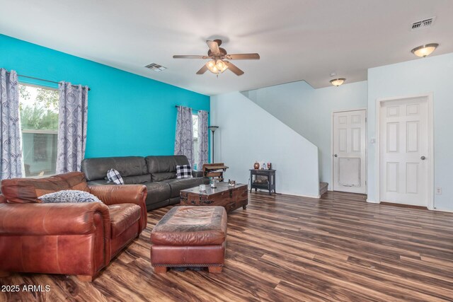 900 W Broadway Ave Unit 66, Apache Junction, AZ 85120 - living room featuring visible vents, wood finished floors, and a ceiling fan