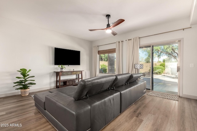 40807 N Barnum Way, Anthem, AZ 85086 - living room featuring ceiling fan, baseboards, and wood finished floors