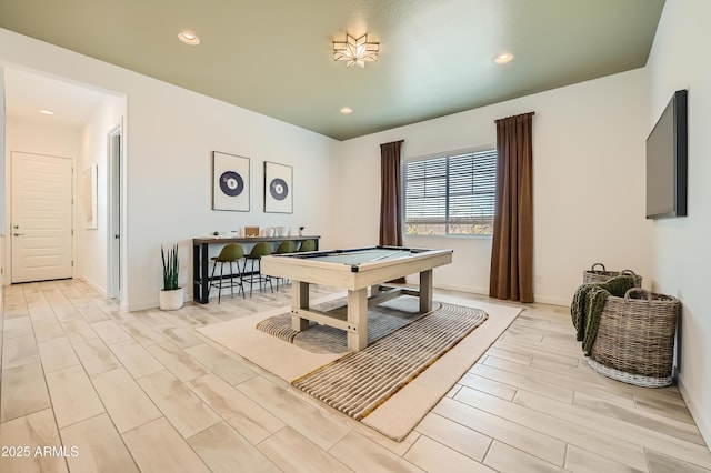 game room with wood tiled floors, billiards, baseboards, and recessed lighting