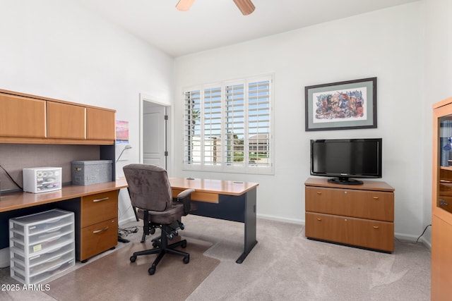 home office with light colored carpet and ceiling fan