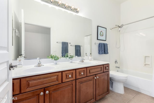 full bathroom featuring tile patterned flooring, vanity, shower / tub combo, and toilet