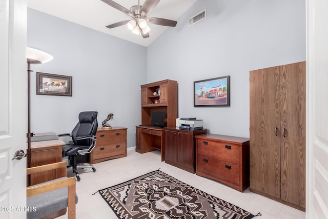 office area with vaulted ceiling and ceiling fan