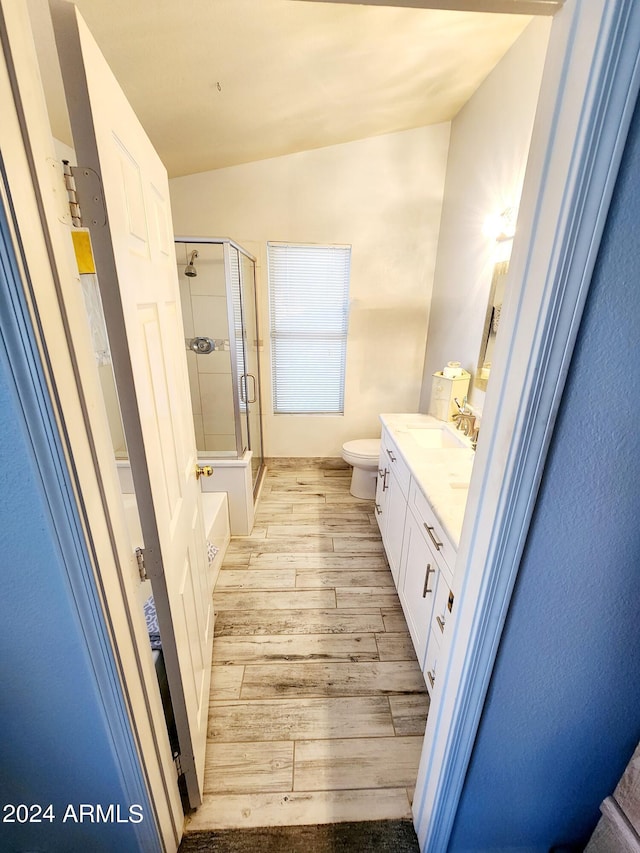 bathroom with vanity, lofted ceiling, hardwood / wood-style flooring, toilet, and a shower with door