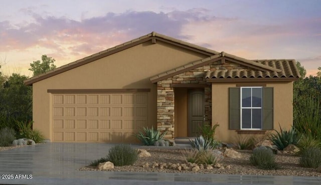 view of front facade with a garage, stucco siding, stone siding, and concrete driveway