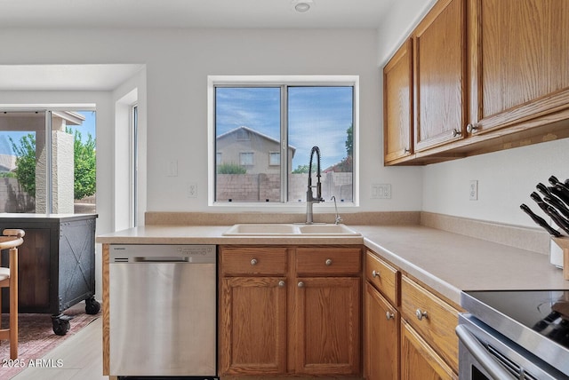 kitchen featuring a sink, light countertops, stainless steel dishwasher, and a healthy amount of sunlight