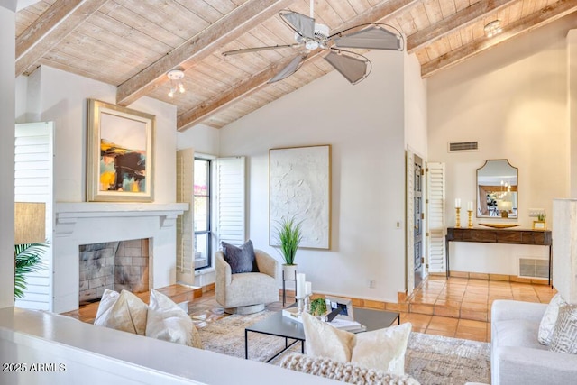 tiled living room with ceiling fan, high vaulted ceiling, beam ceiling, and wood ceiling