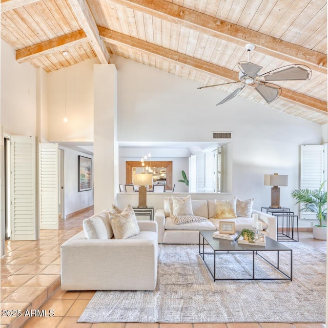 living room featuring high vaulted ceiling, beam ceiling, light tile patterned floors, and wood ceiling