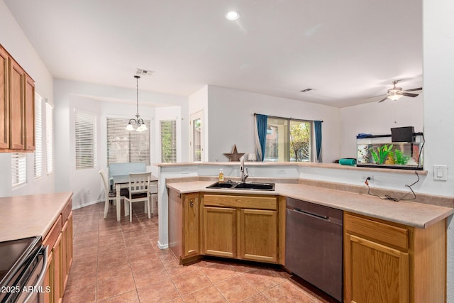3553 W Dancer Ln, San Tan Valley, AZ 85144 - kitchen with stainless steel appliances, light countertops, a chandelier, light tile patterned floors, and a ceiling fan