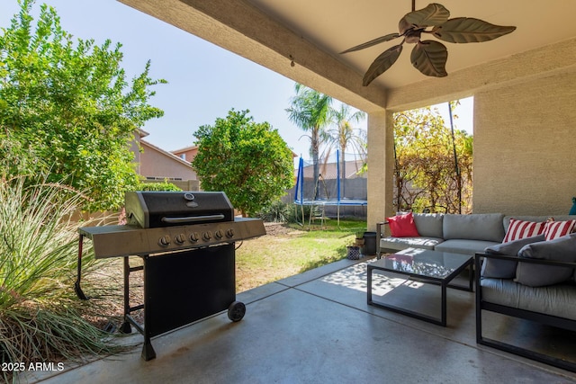 3553 W Dancer Ln, San Tan Valley, AZ 85144 - view of patio / terrace featuring a trampoline, area for grilling, a ceiling fan, and outdoor lounge area