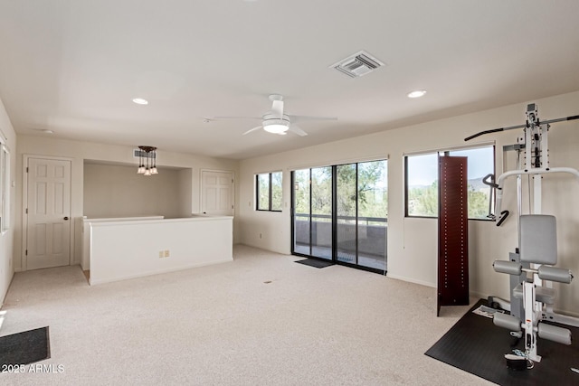 1305 Coyote Pass, Carefree, AZ 85377 - workout room with visible vents, ceiling fan, recessed lighting, and light carpet