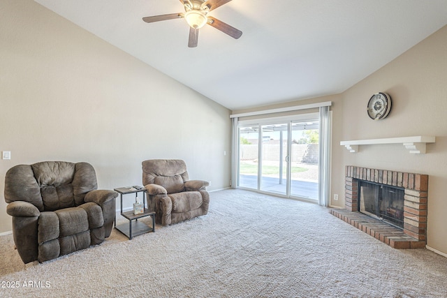 5944 W Greenbriar Dr, Glendale, AZ 85308 - living area with lofted ceiling, a ceiling fan, carpet flooring, and a fireplace