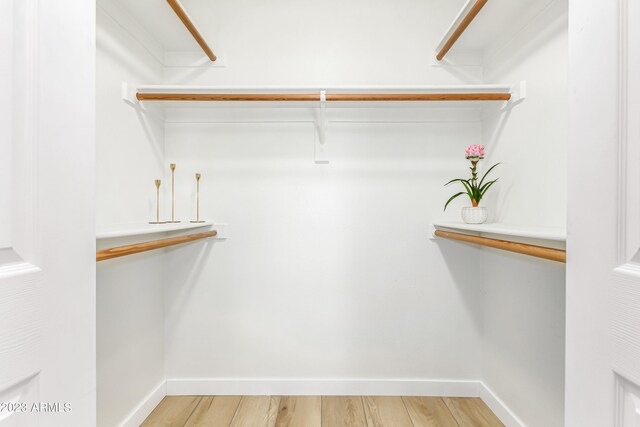 walk in closet with light hardwood / wood-style floors