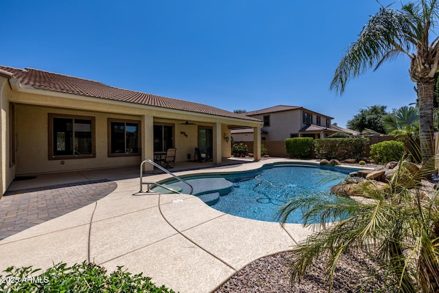 21842 E Via De Olivos, Queen Creek, AZ 85142 - view of swimming pool with ceiling fan, a patio, and a fenced backyard