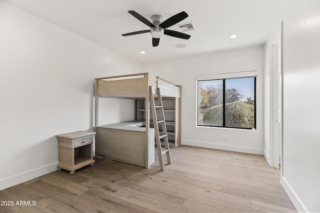 unfurnished bedroom with recessed lighting, visible vents, baseboards, and light wood-style floors