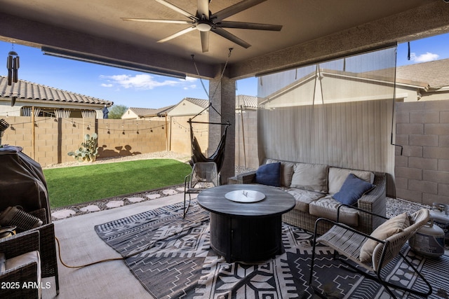 view of patio / terrace featuring an outdoor hangout area and ceiling fan