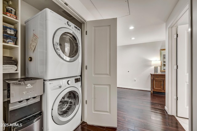 6803 E Main St Unit 5506, Scottsdale, AZ 85251 - washroom featuring stacked washer / drying machine, dark wood-style floors, and recessed lighting