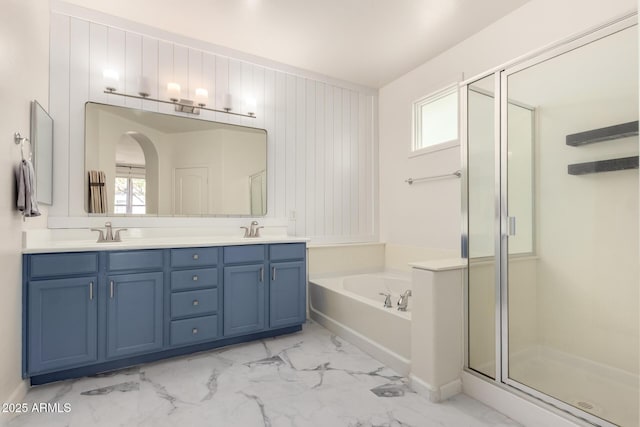 1162 S Agnes Ln, Gilbert, AZ 85296 - full bath featuring marble look tile flooring, a shower stall, a bath, and double vanity