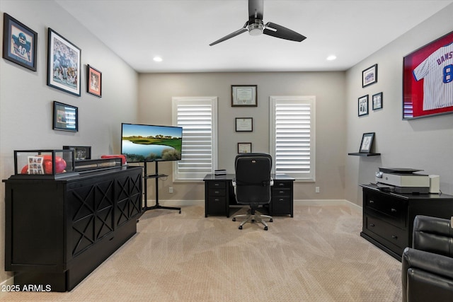 carpeted home office with baseboards, ceiling fan, and recessed lighting