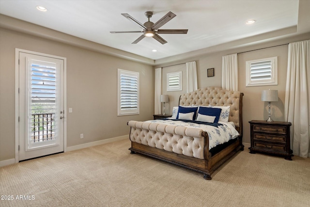 carpeted bedroom featuring baseboards, recessed lighting, and access to exterior