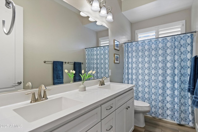 full bathroom featuring a sink, double vanity, toilet, and wood finished floors