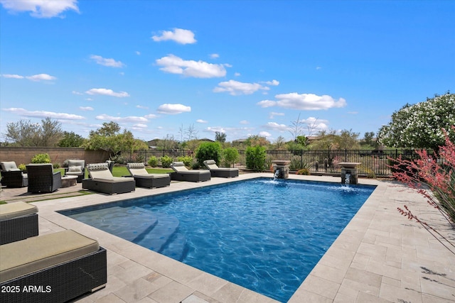 view of pool featuring a fenced backyard, a patio, a fenced in pool, and outdoor lounge area