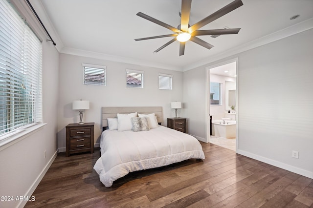 bedroom featuring ornamental molding, ensuite bath, ceiling fan, and dark wood-type flooring