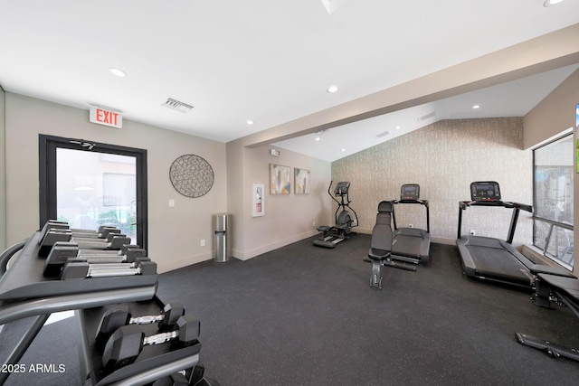 exercise room featuring lofted ceiling, baseboards, and recessed lighting
