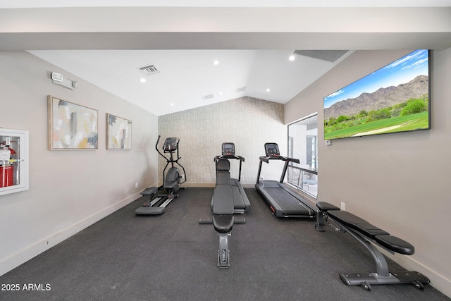 workout room featuring vaulted ceiling, baseboards, and recessed lighting
