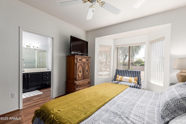 16331 W Tierra Way, Surprise, AZ 85374 - bedroom with connected bathroom, wood finished floors, and ceiling fan