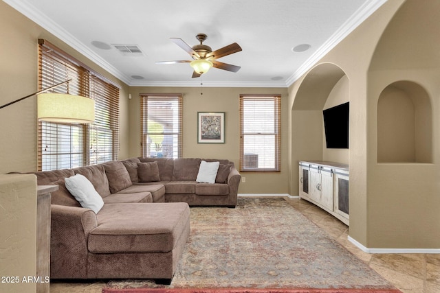 3828 S Verbena Ave, Gilbert, AZ 85297 - living area with visible vents, a ceiling fan, baseboards, and crown molding