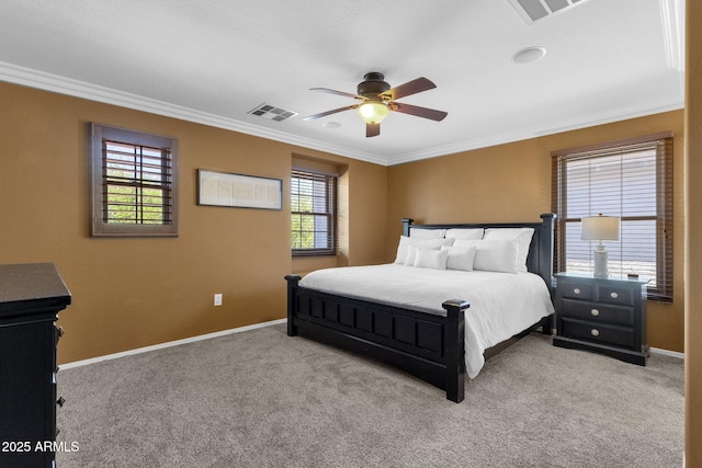 3828 S Verbena Ave, Gilbert, AZ 85297 - carpeted bedroom with baseboards, ornamental molding, a ceiling fan, and visible vents