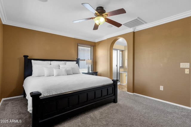 3828 S Verbena Ave, Gilbert, AZ 85297 - bedroom with visible vents, crown molding, arched walkways, baseboards, and carpet