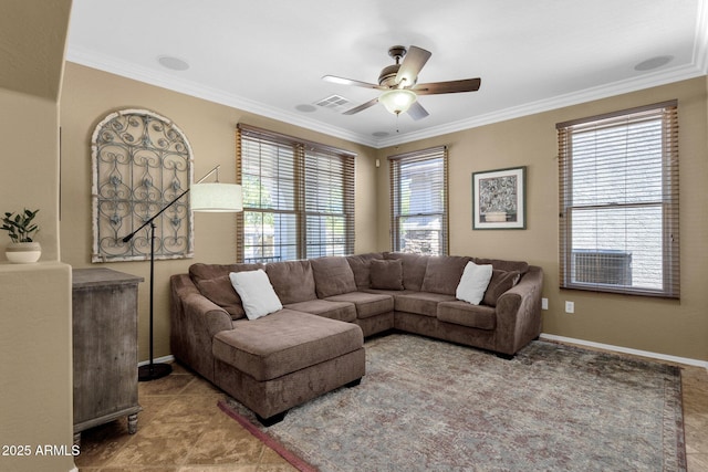 3828 S Verbena Ave, Gilbert, AZ 85297 - living room with crown molding, baseboards, ceiling fan, and visible vents