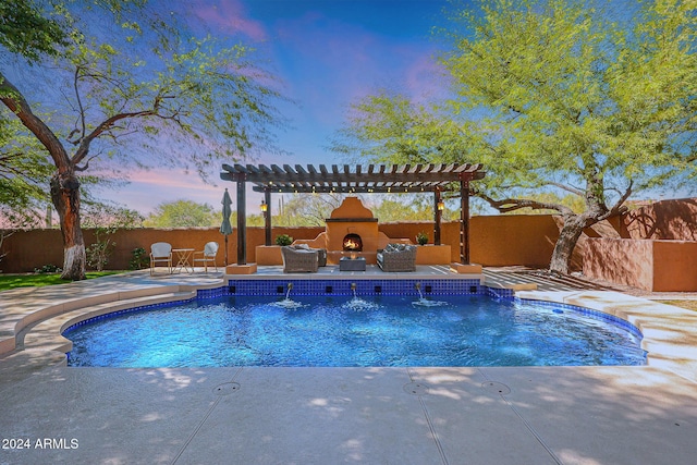 pool at dusk featuring a lit fireplace, a patio area, a fenced backyard, and a pergola