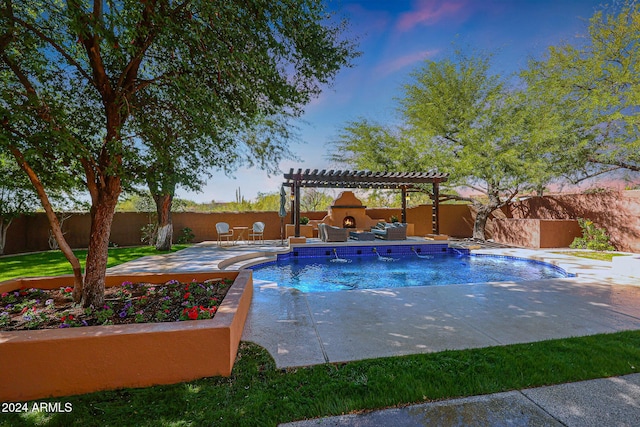 view of pool with a patio, a fenced backyard, a fenced in pool, and a pergola