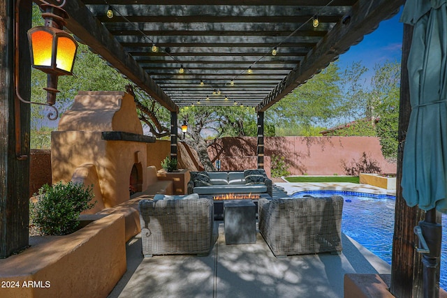 view of patio featuring a fenced backyard, a pergola, outdoor lounge area, and a fenced in pool