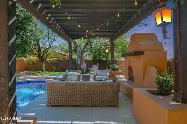 view of patio featuring an outdoor living space with a fireplace, a fenced backyard, a fenced in pool, and a pergola