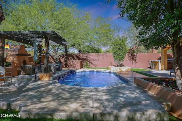 view of pool featuring a fenced backyard, an outdoor stone fireplace, a pergola, and a patio