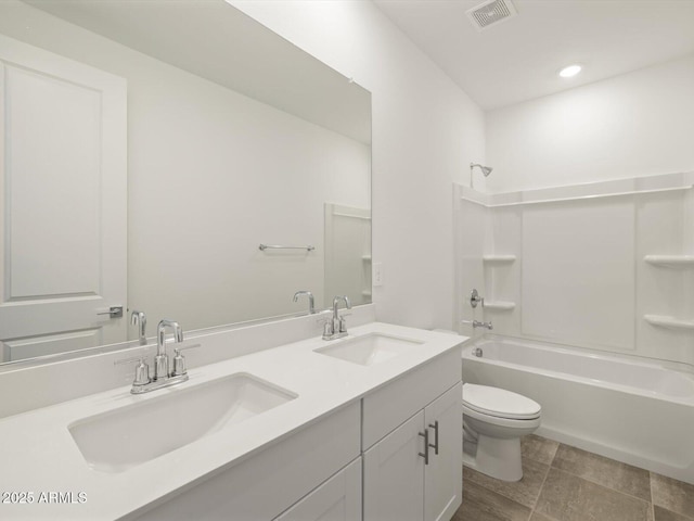 full bathroom featuring visible vents, a sink, shower / tub combination, and toilet