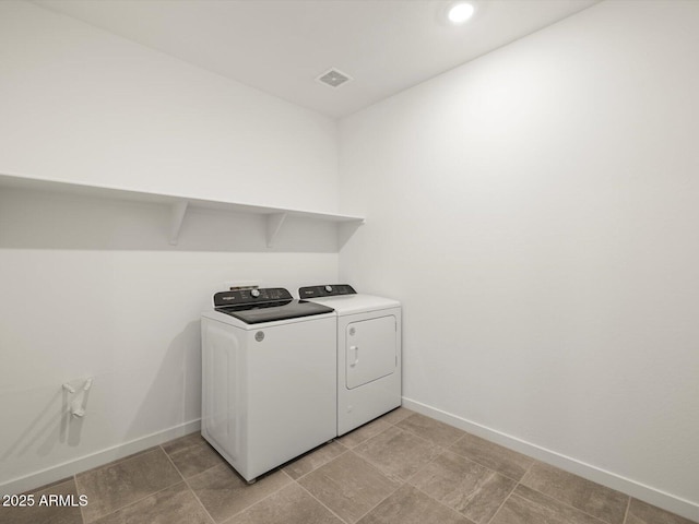 clothes washing area featuring washer and dryer, laundry area, recessed lighting, baseboards, and visible vents