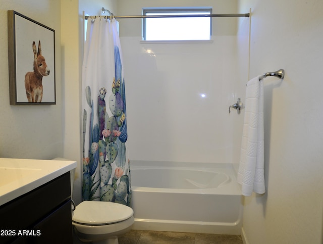 full bathroom with shower / bath combo with shower curtain, toilet, tile patterned floors, and vanity