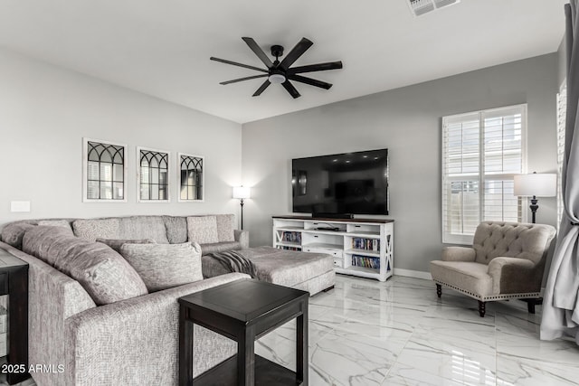 living room featuring ceiling fan