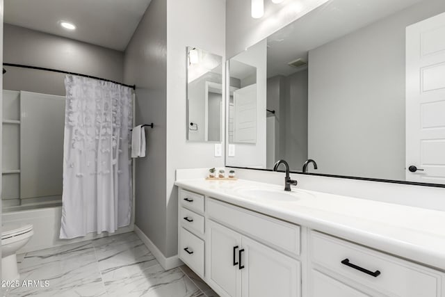 full bathroom with shower / bath combo with shower curtain, toilet, and vanity