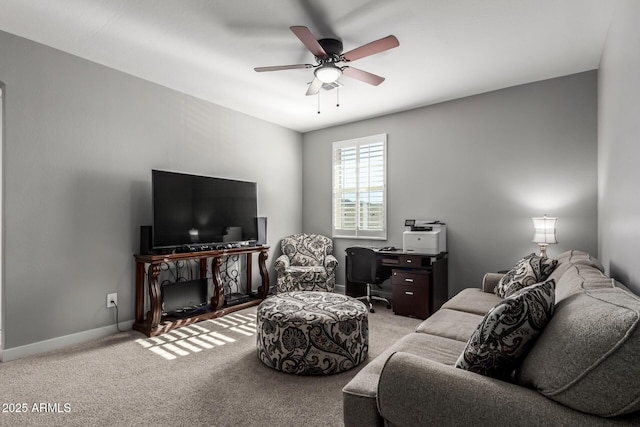 living room with ceiling fan and light colored carpet