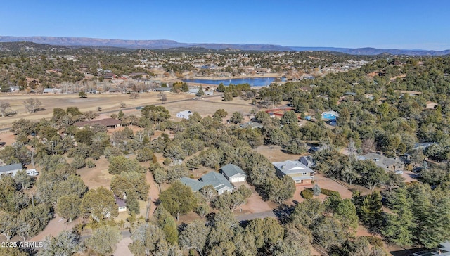 drone / aerial view with a water and mountain view