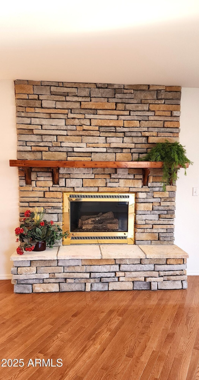 room details featuring a stone fireplace and hardwood / wood-style floors