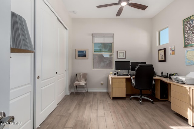 home office with ceiling fan and light hardwood / wood-style floors