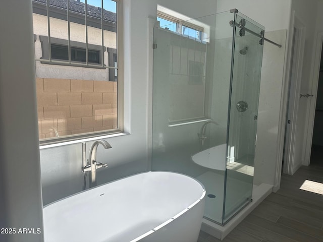 3637 E Rochelle Cir, Mesa, AZ 85213 - bathroom featuring a stall shower, a freestanding tub, plenty of natural light, and wood finished floors