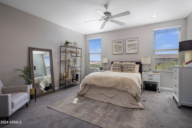 bedroom featuring ceiling fan and carpet flooring