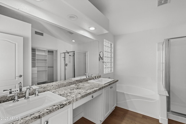 9631 E Palm Ridge Dr, Scottsdale, AZ 85260 - bathroom featuring a shower stall, double vanity, wood finished floors, a bath, and a spacious closet